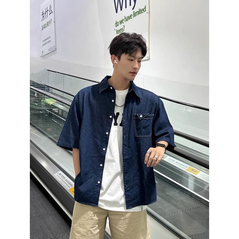 Americano Retro Denim camisa de manga curta masculina verão novo estilo ao ar livre solto Casual casal camisa de meia ma