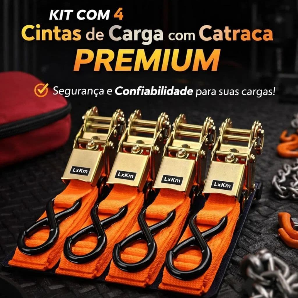 Cinta Catraca Com Gancho Kit 1 a 4 Amarração de Carga 4,6 metros Suporta 800kg