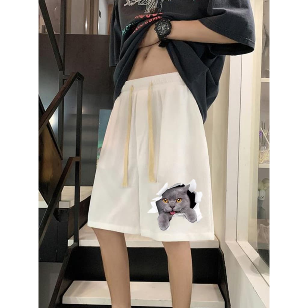 Verão Shorts de seda gelo das mulheres dos homens Street Wear na moda solto cinco pontos calças médias 3D gato calças ca