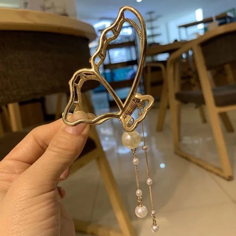 [Estoque pronto] Grampo de cabelo com borla de pérola, prendedor de cabelo feminino, cabeça traseira, temperamento, Meta