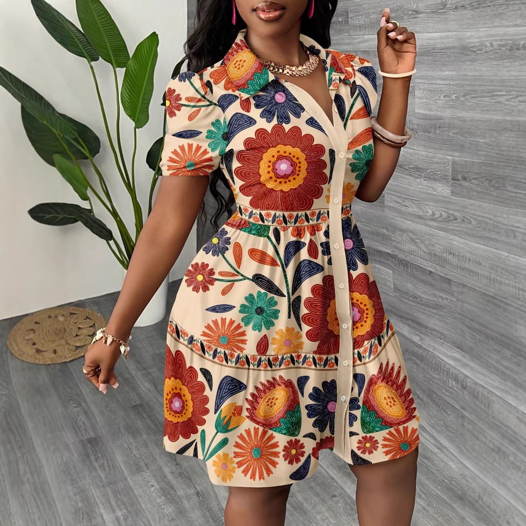 Pronto estoque Novo produto feminino Casual simples Mini vestido férias de verão Tropical estampa Floral mangas bufantes