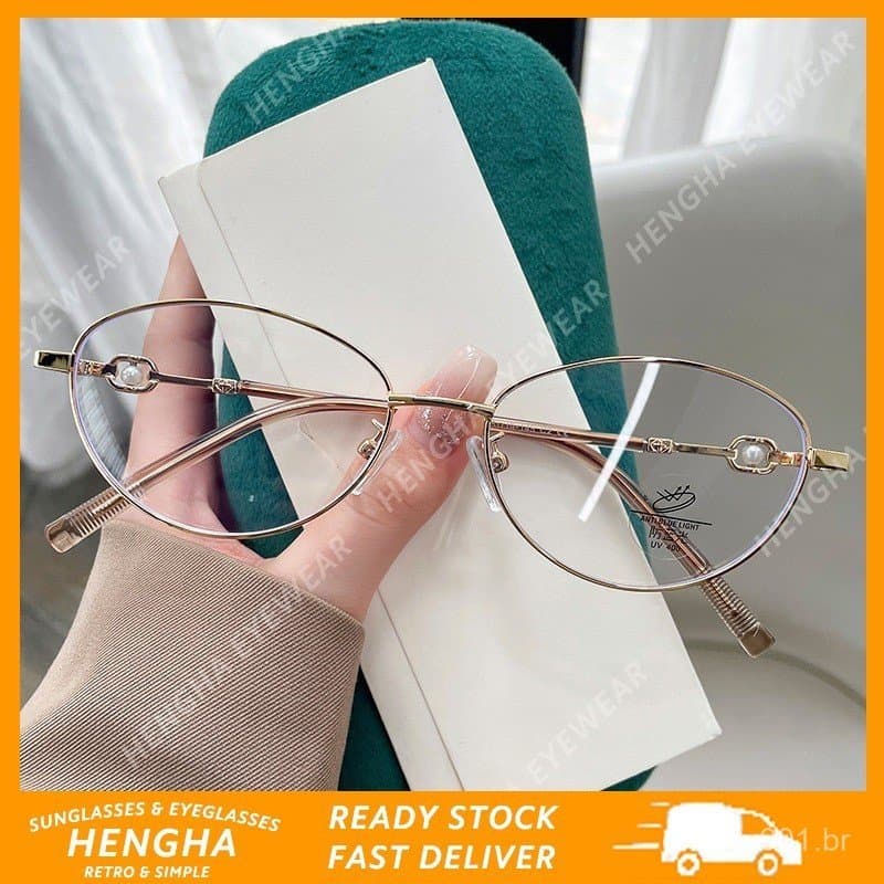 (HENGHA) Óculos De Metal Olho De Gato Oval Dourado Feminino Estilo Coreano Pérola Anti Luz Azul