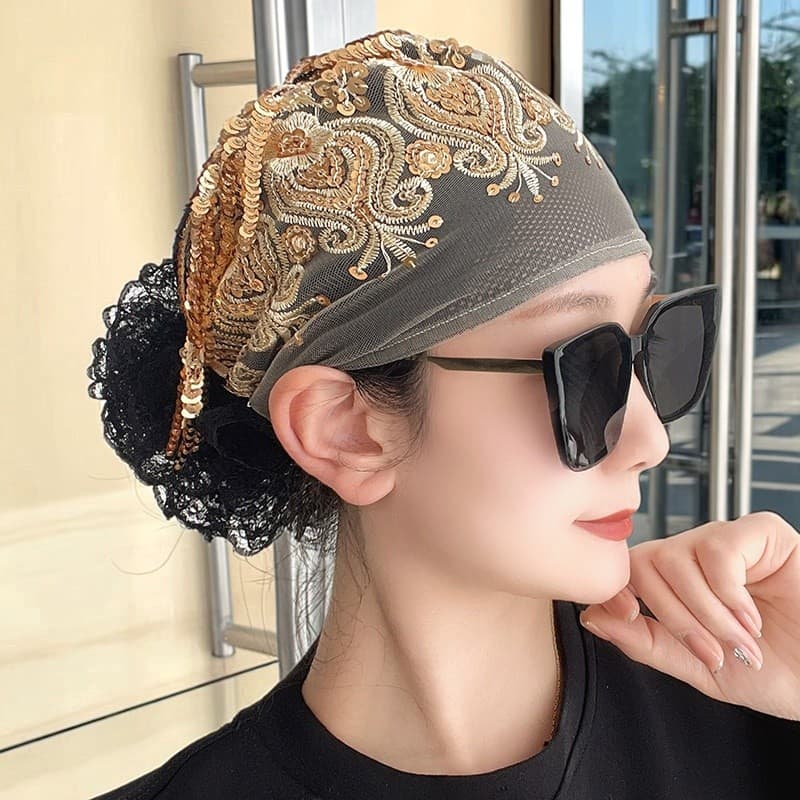 Capa de renda de lantejoulas cabelo branco cabeça boné estilo ocidental elegante gaze primavera verão lenço de cabelo bo