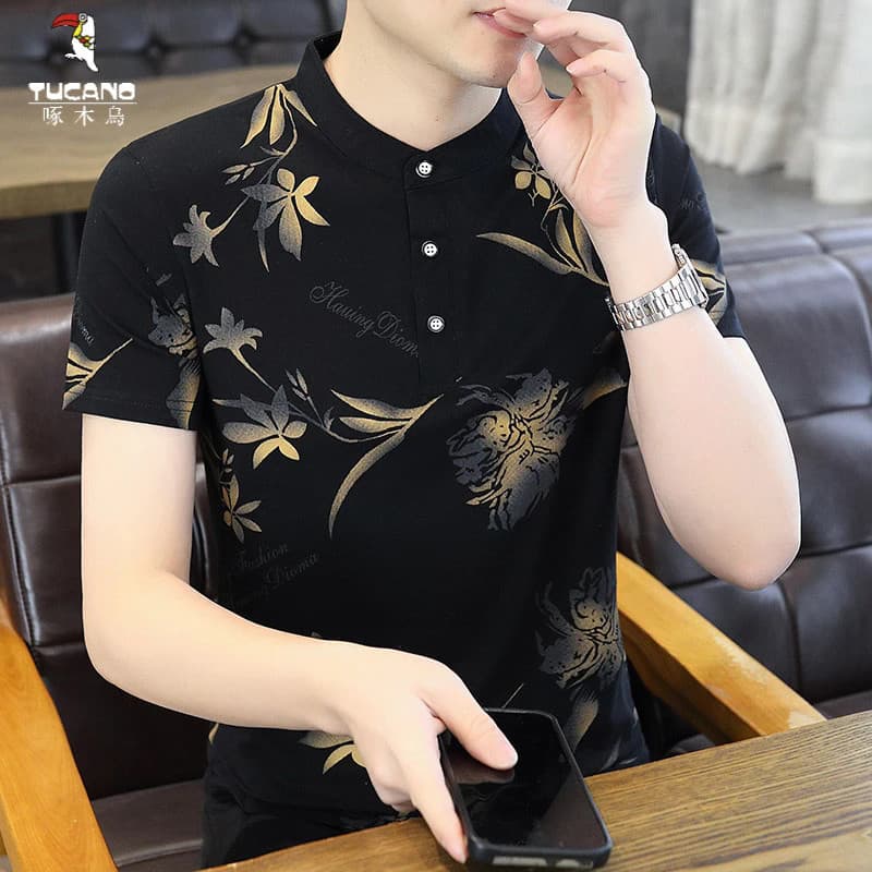 Woodpecker novo estilo masculino verão moda Casual impresso gola alta de manga curta camiseta de alta qualidade All-Matc