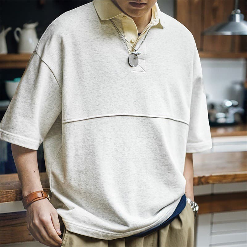 Moderno ferramentas americano Casual Retro pesado malha camisa polo de manga curta lapela solta meia manga camiseta masc
