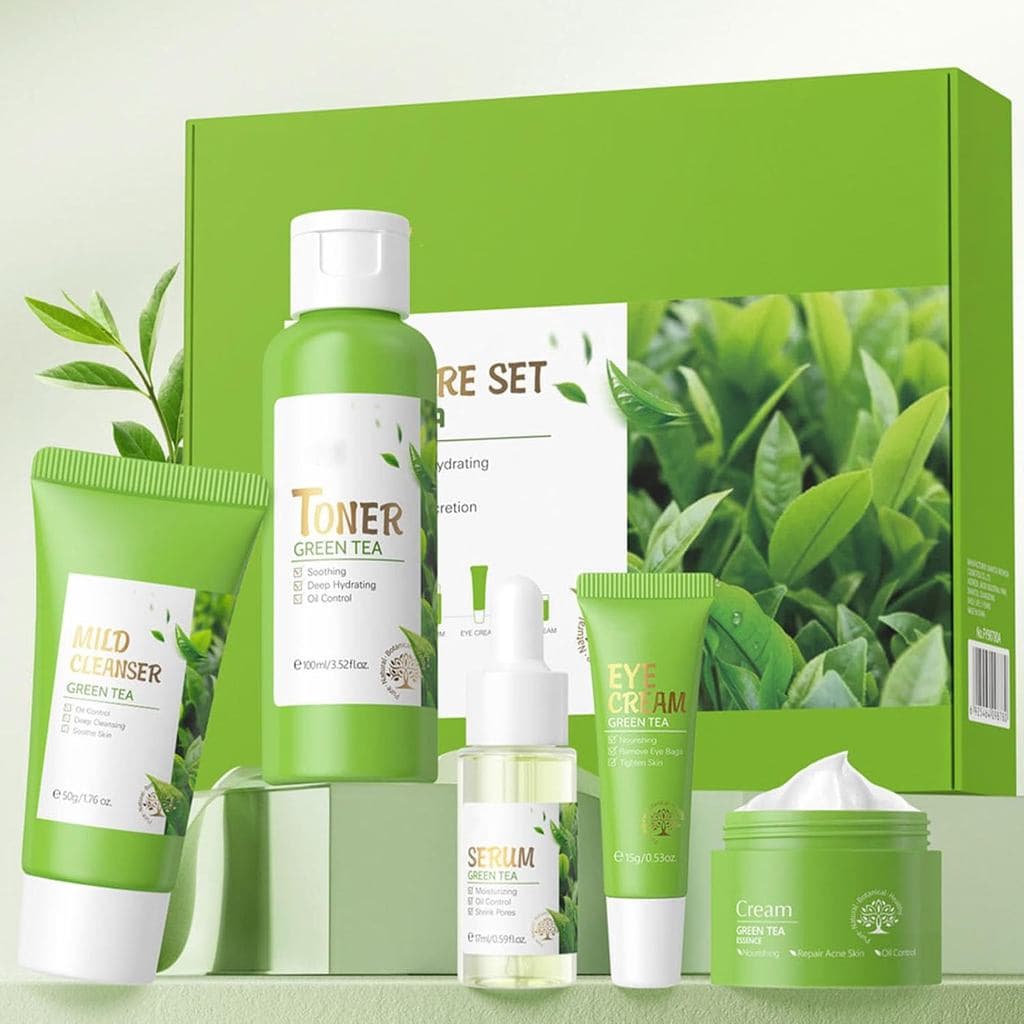 Conjunto de Cuidados com a Pele de Chá Verde, 5 Peças, Kit de Presente com Limpador, Sérum Facial, Creme Facial, Creme p