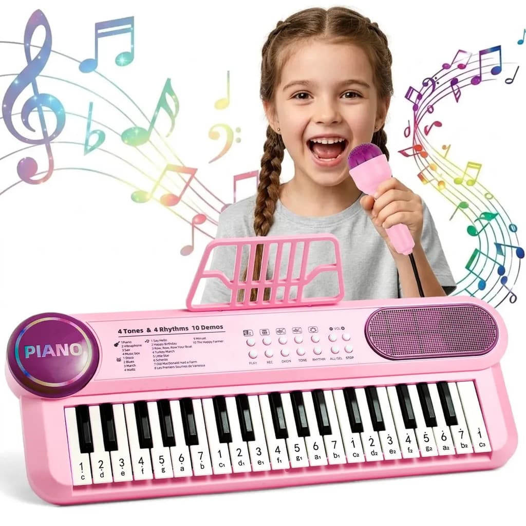 Teclado BrincaMundo Rosa com Microfone e 37 Teclas para Crianças Educativo Piano Som Realista Karaokê
