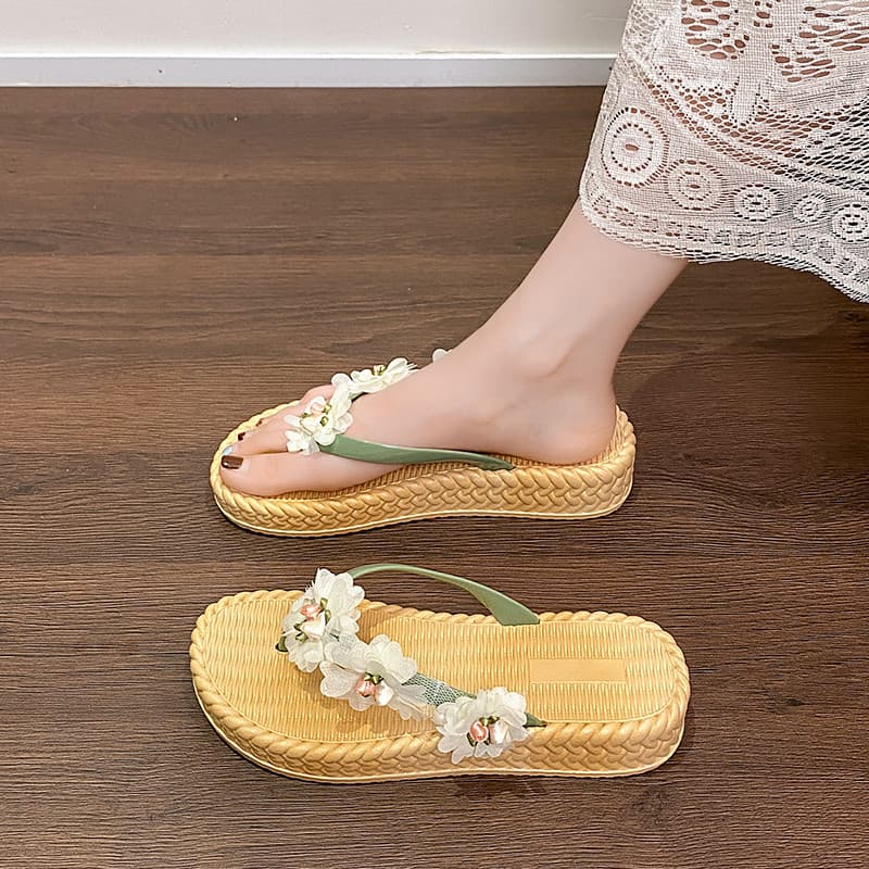 Chinelos de sola grossa femininos verão exterior usar salto cunha estilo princesa flores lindas sandálias antiderrapante