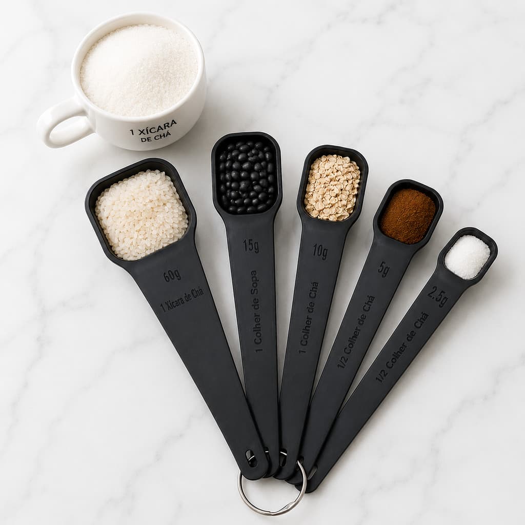 Kit 5 Colheres Medidoras Dosador Preto Plastico Cozinha Precisão Confeitaria Panificação