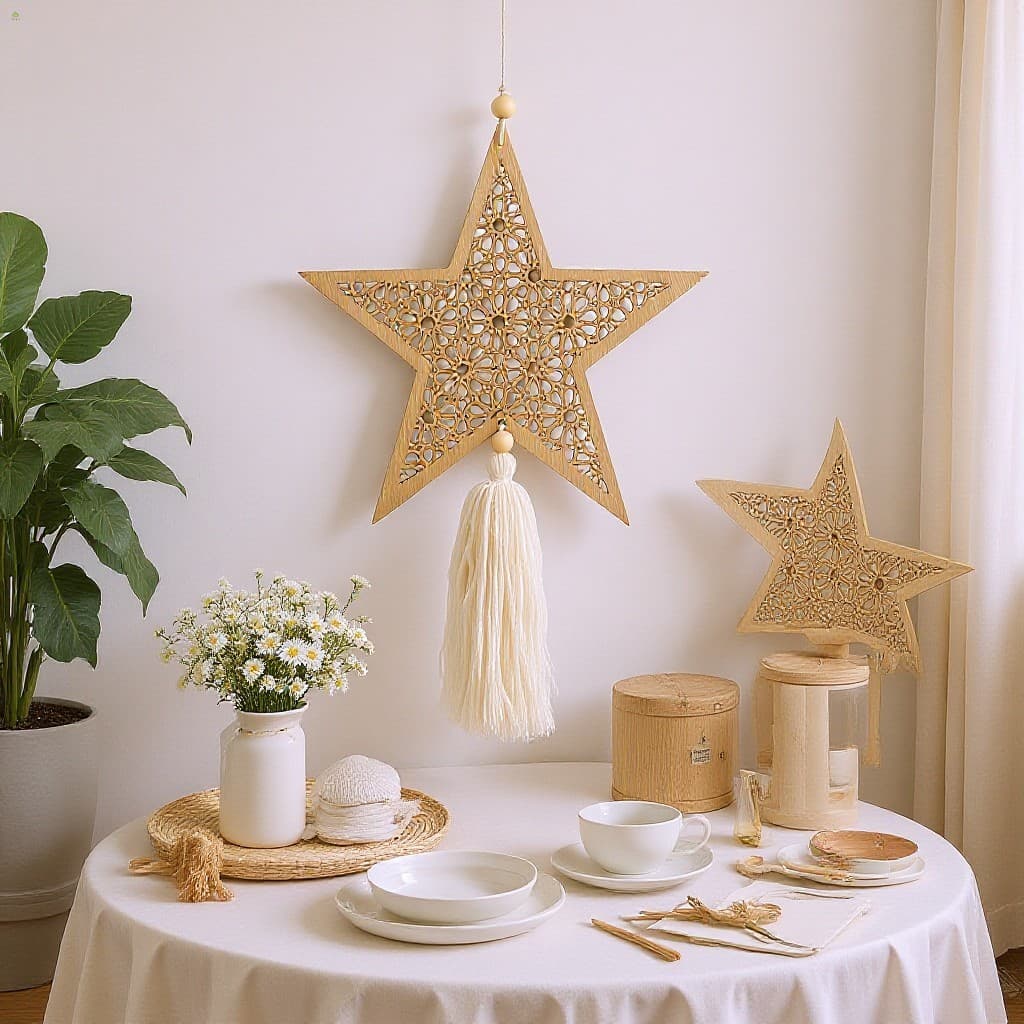 Decoração De Parede De Madeira Oca , Modelo Estrela Da Lua Com Borla Para Quarto , Sala De Estar , Casa