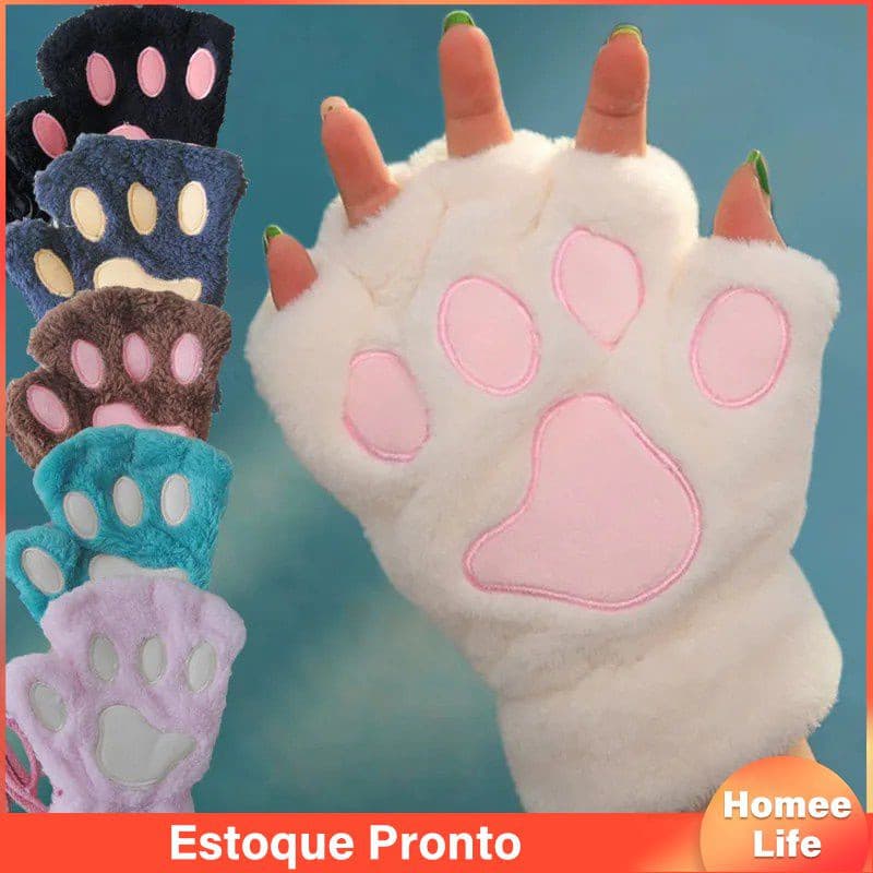 Luvas De Pata De Gato De Garra Cartoon Pelúcia Macia E Quente Mittens Curta Sem Dedo Meio