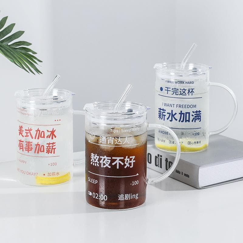 Copo de água fria de grande capacidade, 1.000ml, vidro de borosilicato alto com tampa e copo de palha, escritório, verão