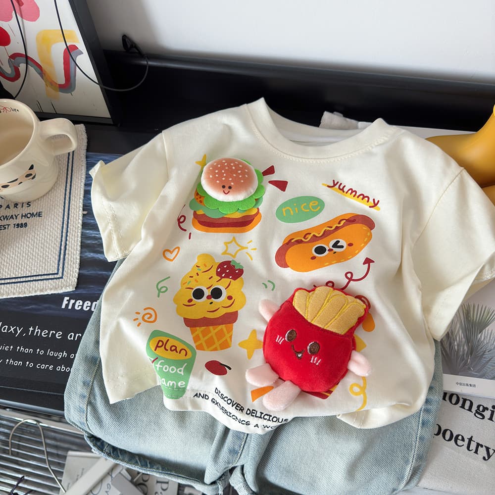 Verão puro algodão de manga curta camiseta pai-filho usar crianças hambúrguer batatas fritas diversão topos meninos meni