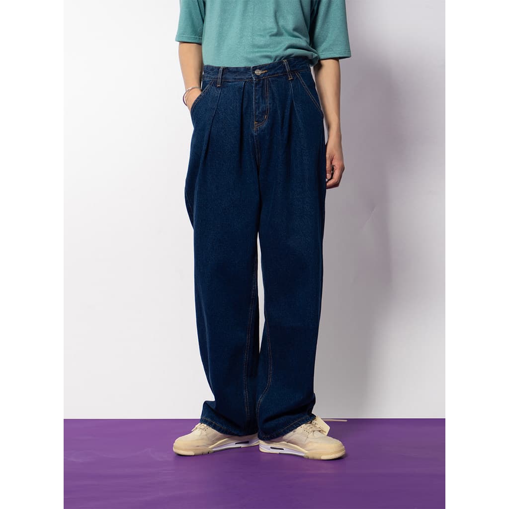 CLP Cor Primária Trabalho Plissado Jeans Homens Design Em Camadas Soltas Retas Perna Larga Casual Retro All-Match Trendy