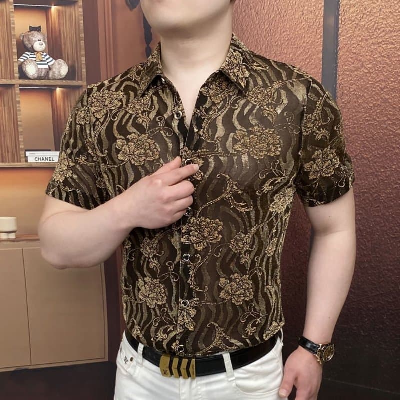 Estação europeia camisa de manga curta de seda gelo masculina luz luxo Street Wear negócios Casual respirável legal cami
