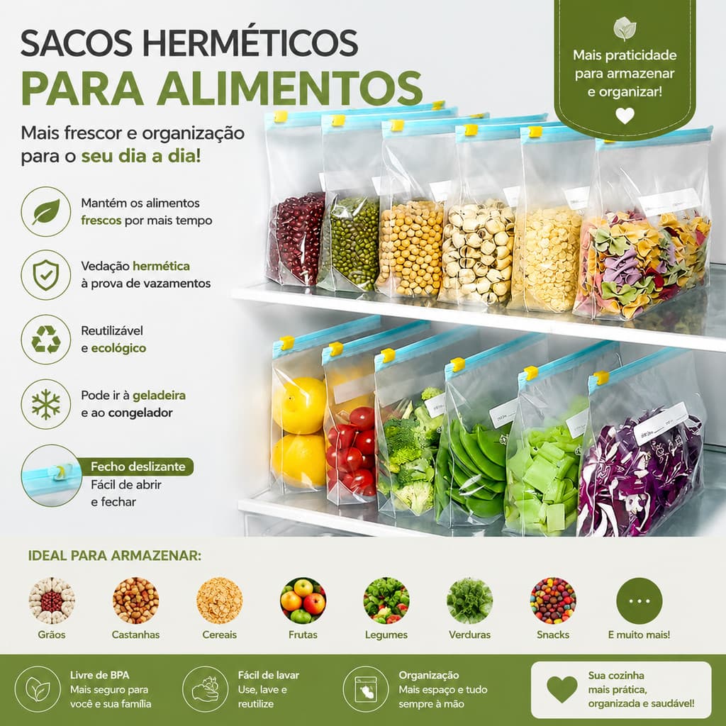 Kit 40 Sacos Herméticos Reutilizáveis Evita Umidade e Mofo Em Alimentos Guardados No Congelador