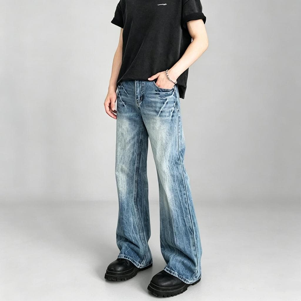 26 novo estilo americano High Street cleanfit gravata flor relâmpago Crack lavado Jeans masculino em linha reta Micro-qu