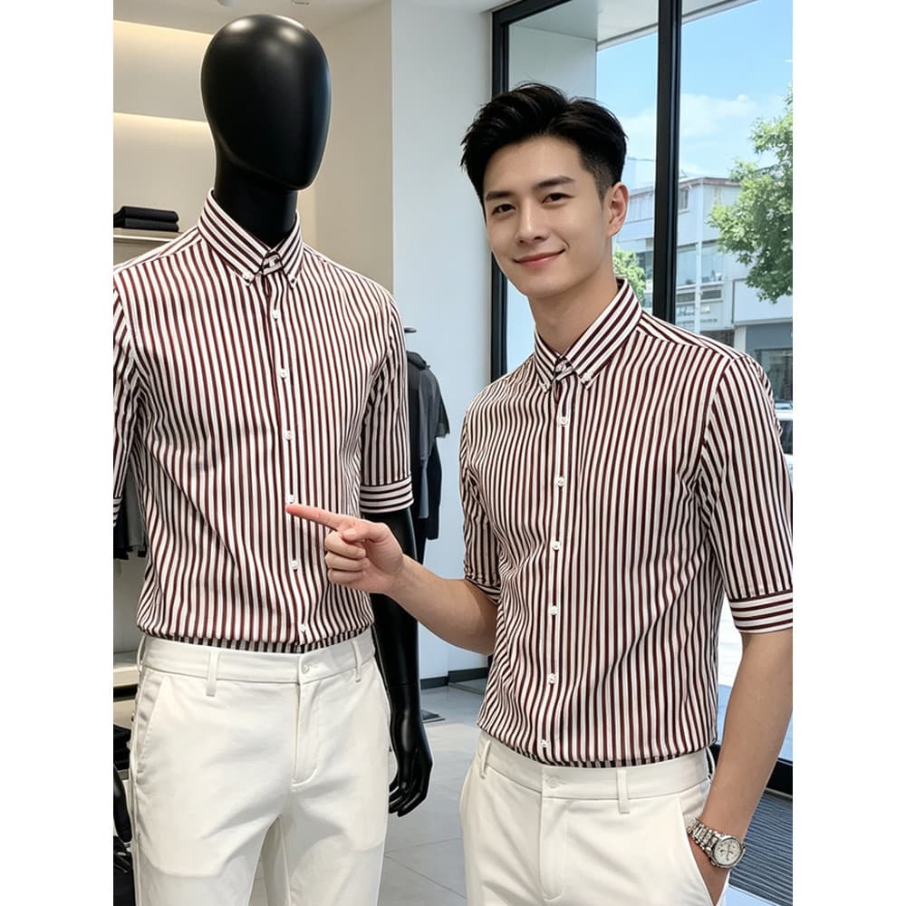 Camisa masculina de manga curta High-End sentimento 2026 verão estilo fino fino fino ajuste negócios Casual listrado cam