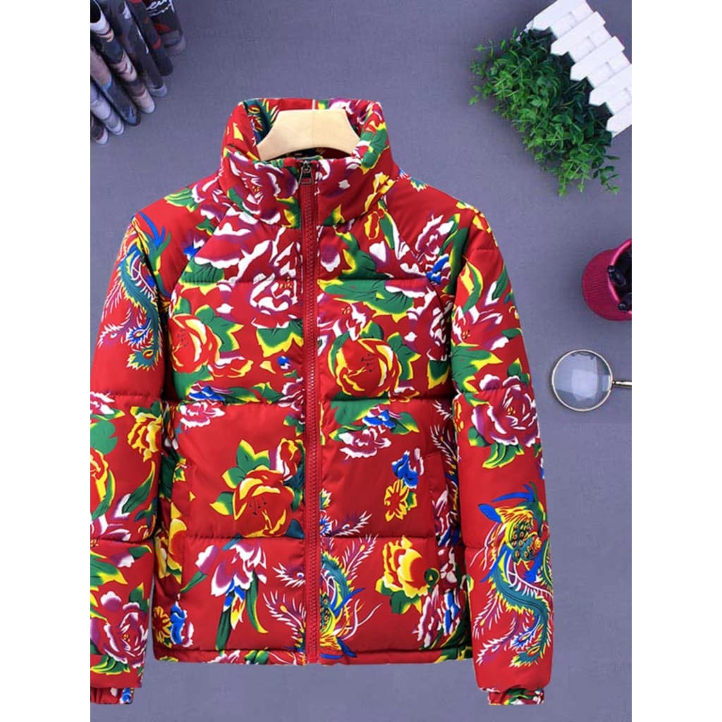 Nordeste grande flor para baixo jaqueta acolchoada masculina único padrão Retro impresso cor quente pão jaqueta grossa a