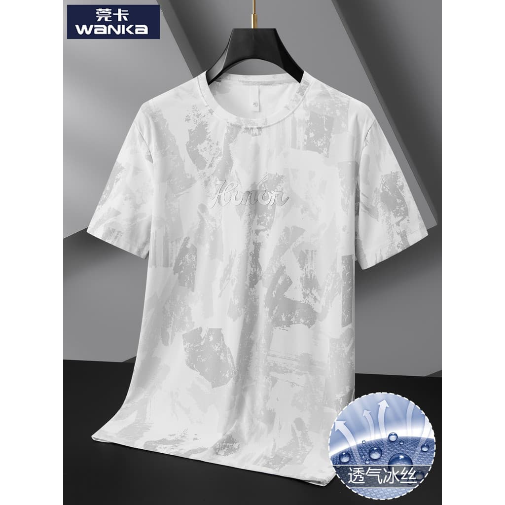 Camiseta de manga curta masculina verão solto Guangzhou treze linhas na moda All-Match impresso moda gelo seda Casual ca
