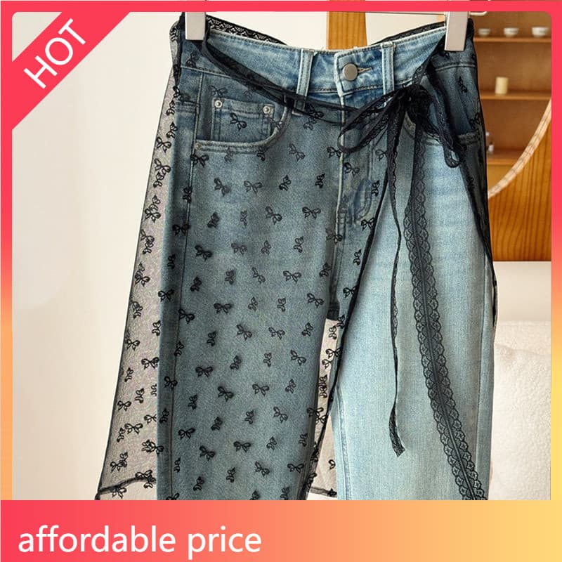 LA2M-1 Pc Blogger Saia De Gaze Em Camadas De Renda Com Amarração E Estampa De Laço Para Meninas Empilhada Y2k Streetwear