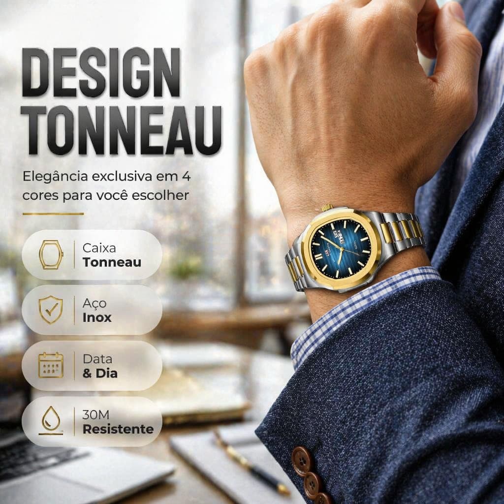 Relógio Masculino Tonneau Quartzo Aço Inoxidável Visual Luxuoso Display Data Dia Resistente Água 30 Metros Variedade