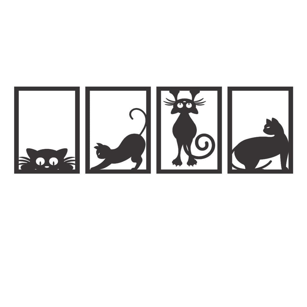 4 Quadros Decorativos Kit Gatinhos MDF Preto Fosco