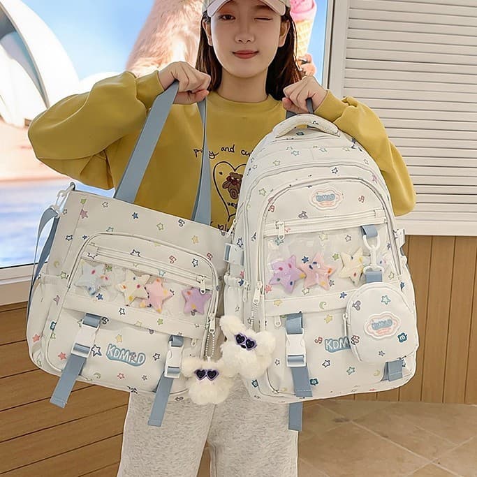 Linda Estrela Pastel Off-White E Nota Musical Impressa Mochila De Nylon À Prova D'água , Bolsa De Estudante Com Vários C