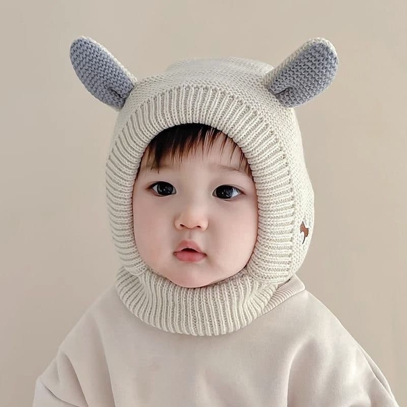 Gorro de tricô para bebê com orelhas de cachorro bordadas e proteção para as orelhas, gorro de inverno e outono com gola