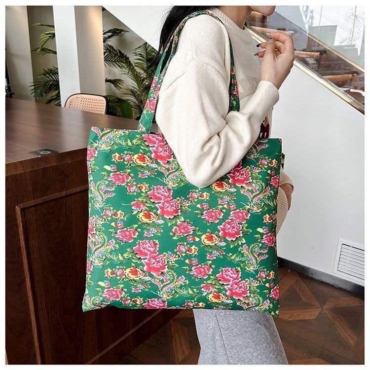 Bolsa de ombro estilo chinês com padrão floral do Nordeste, bolsa unissex de nylon, bolsa de armazenamento de estilo étn