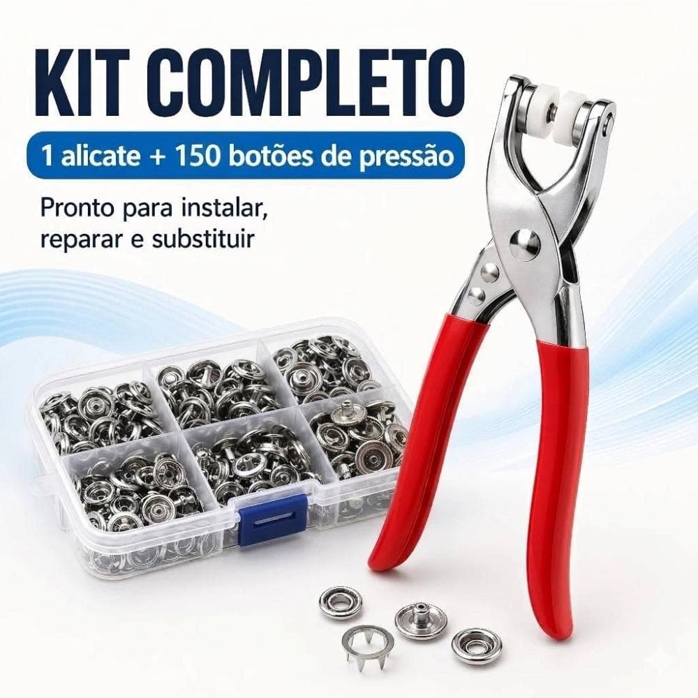 KIT ALICATE APLICADOR DE BOTÃO DE PRESSÃO METÁLICO MAIS 150 BOTÕES