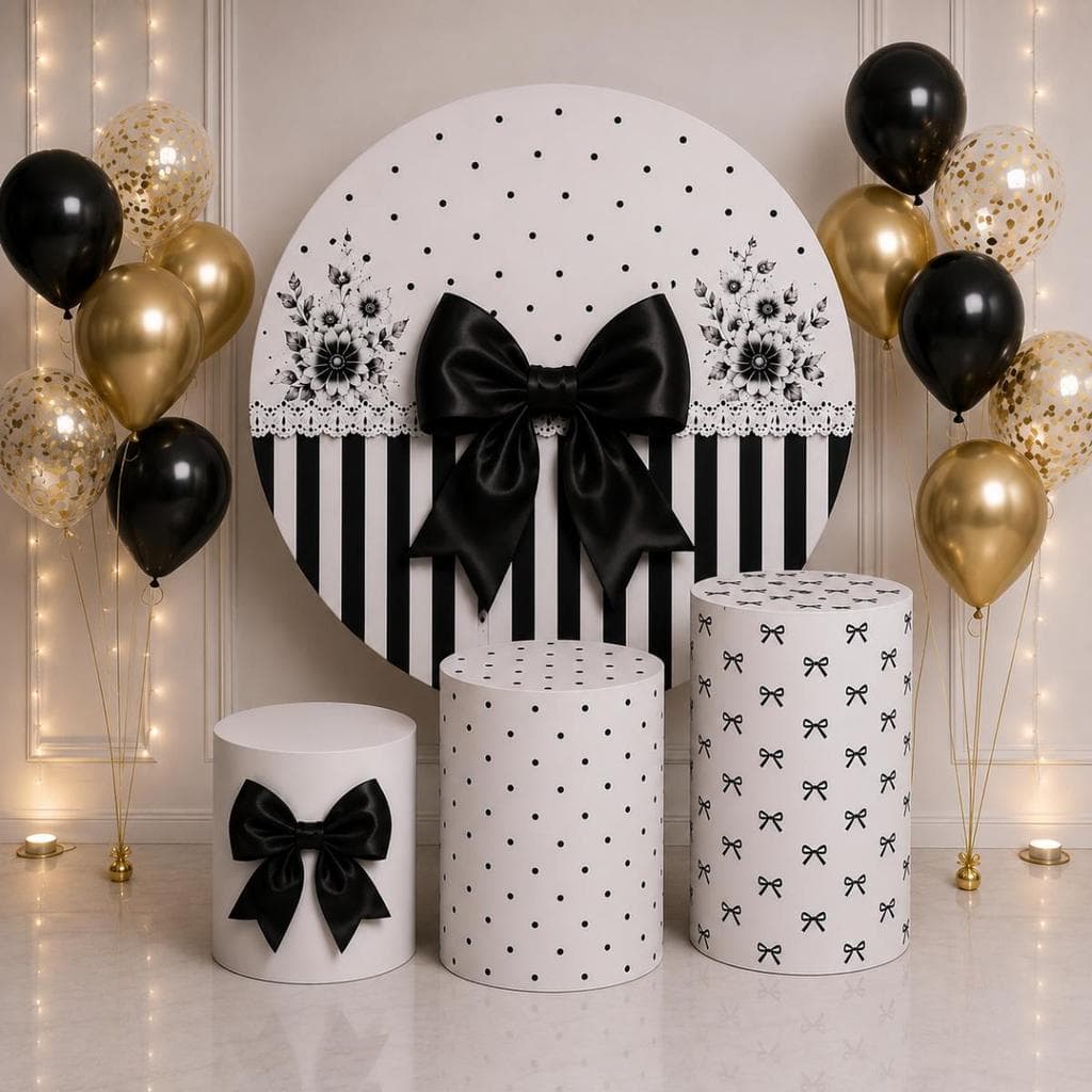 Kit Capa Painel Redondo + Capas de Cilindro Decorativo Festa (Pegue e Monte) -LAÇOS MODELO 9