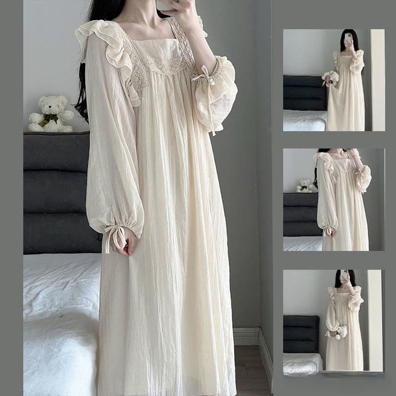 Camisola De Renda Pijamas Feminino Coreano Babados Noite Vestido Primavera Uma Peça Manga Longa Gola Quadrada Casa Wear