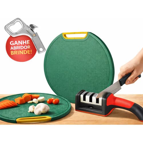 Kit Tábua De Corte Carne Legumes Com Afiador Amolador Facas Lisa Verde