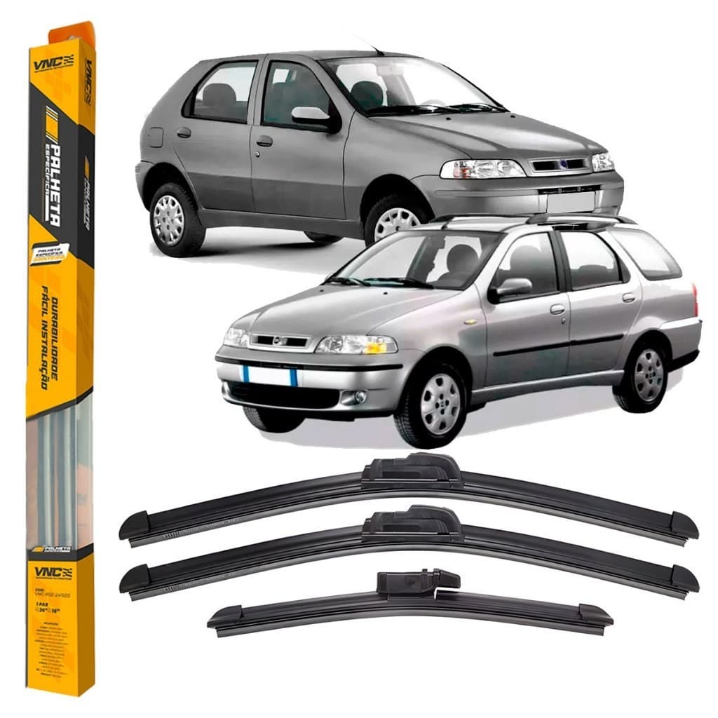 Kit de 3 Palhetas para Limpador Parabrisa Dianteiro e Traseiro para Fiat Palio G2 2001 Até 2007