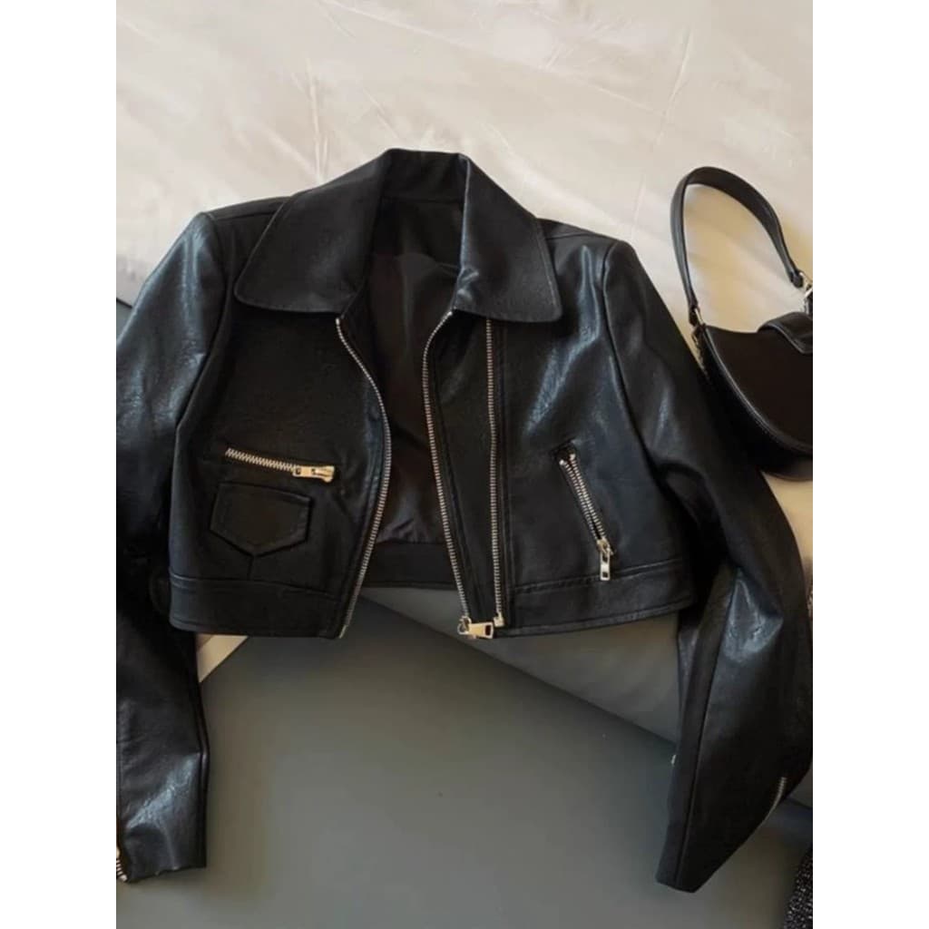 Design preto Retro jaqueta de couro feminino 2023 primavera outono pequeno estilo Hong Kong curto jaqueta de couro do pl