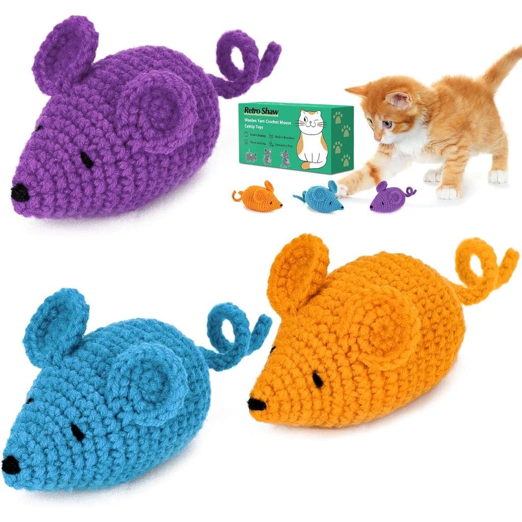 Brinquedos Retro Shaw Catnip para Gatos, Brinquedo de Rato de Crochê, 3 brinquedos de rato para gatos feitos de fio durá