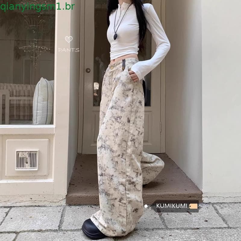 Calça Jeans Feminina Tie-Dye Lavada Com Pernas Largas , Cintura Alta , Solta , Reta , Folgada
