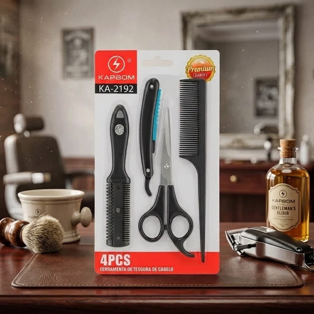 Conjunto Profissional Para Barbeiro Tesoura Inox Fio Navalha Navalhete E Pente De Precisão