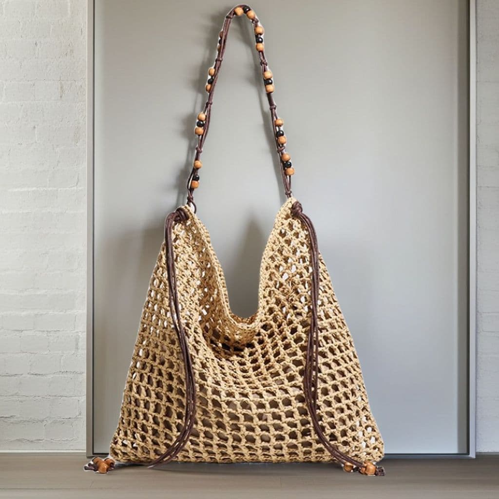 Nova bolsa tote de grande capacidade, feita à mão com contas de madeira ocas, bolsa de ombro feminina, bolsa de palha es