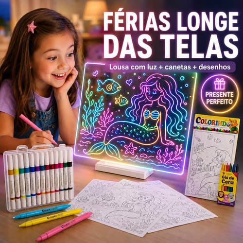 Kit Lousa Mágica Infantil LED Estojo Caneta Acrílica 36 Cores Desenho