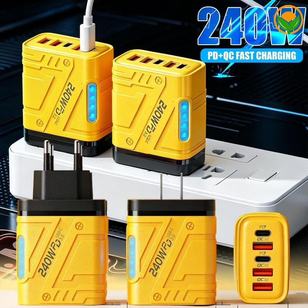Carregador Estilo Mecha LED-Lit 240W-Estação De Carregamento Rápido Inteligente PD + QC De 5 Portas-Adaptador De Escritó