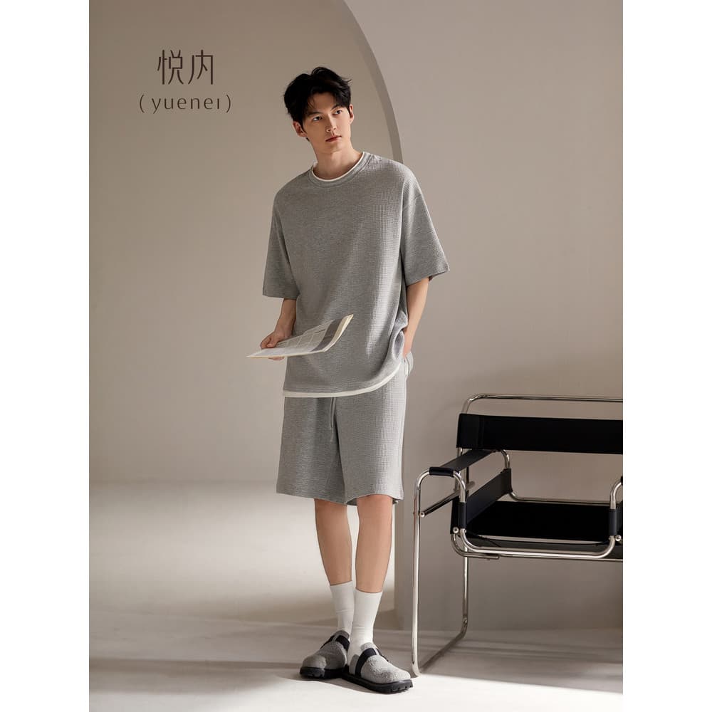 Yue pijamas internos masculinos estilo verão verão puro algodão Shorts de manga curta Waffle Loungewear solto tamanho gr