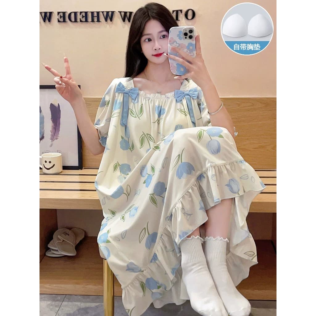Camisola de seda gelo feminina verão com almofada no peito estilo princesa manga curta saia de comprimento médio verão p