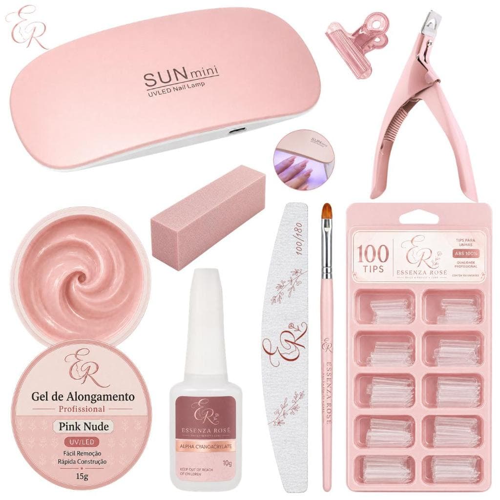 Kit Unha de Gel Completo 9 Itens Gel Construtor 100 Tips Cola Alicate Cortador Pincel Lixas Mini Cabine LED