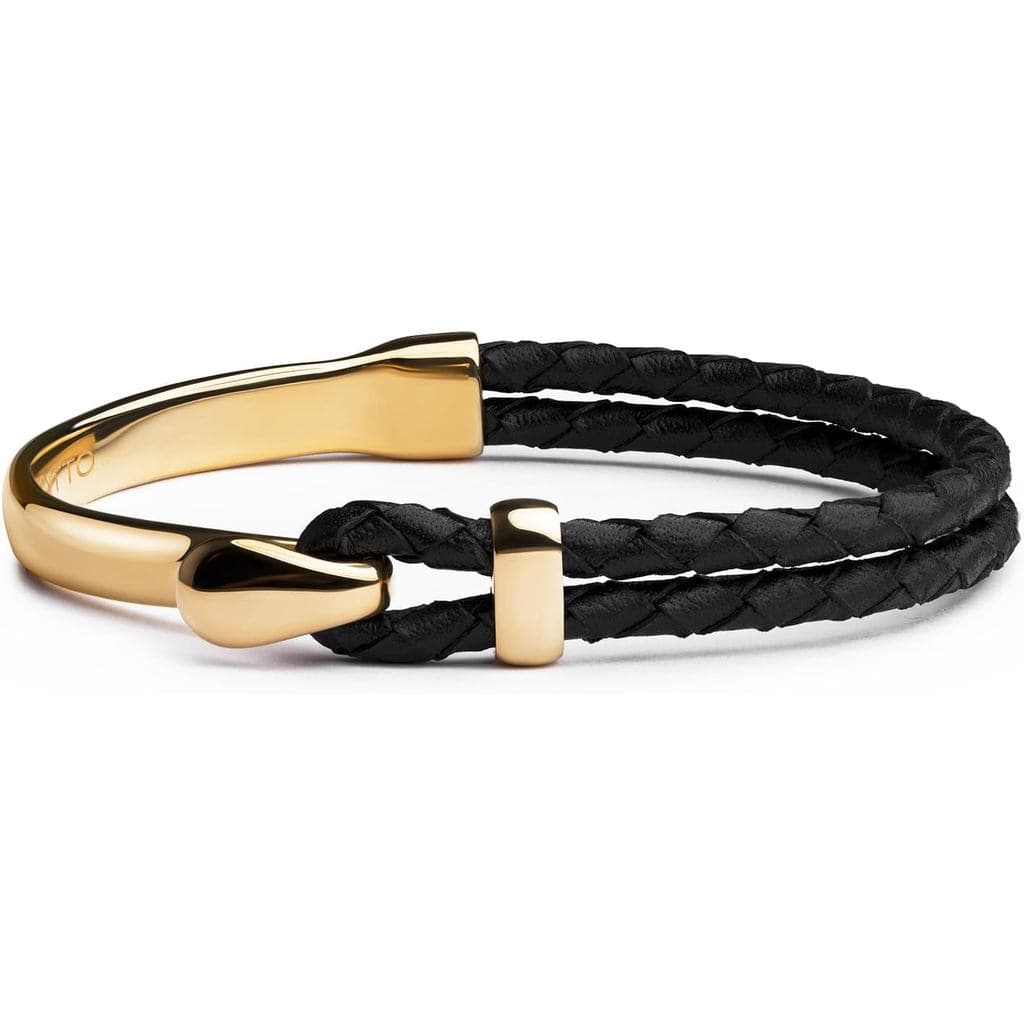 Pulseira Elegatto Signature Gold para Homens |   Couro preto trançado de grão integral com fecho de gancho em aço inoxid