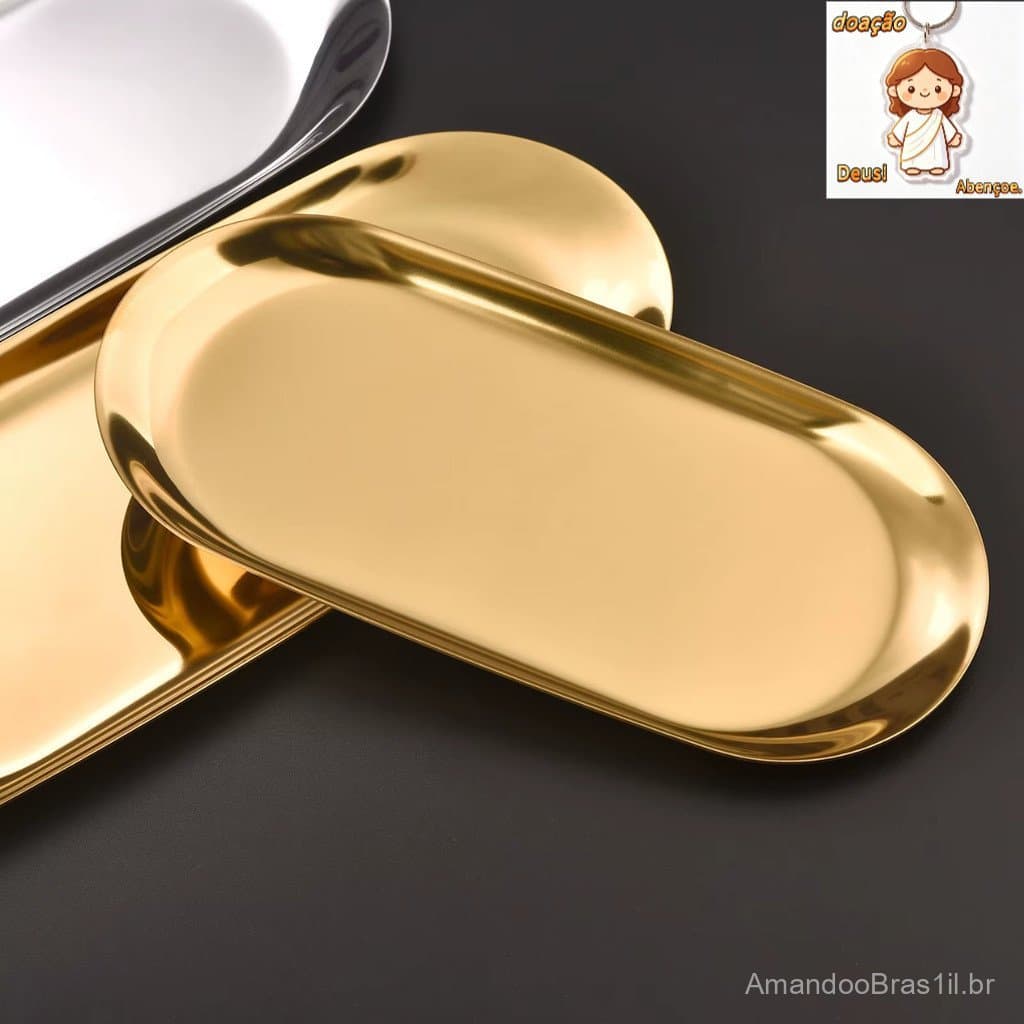 Bandeja Aço Inoxidável Luxo Decorativa para Joias Alimentos Dourado