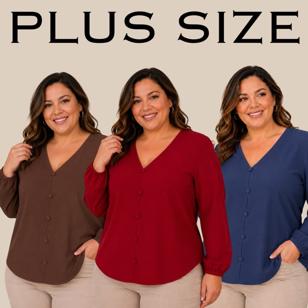 Blusa Feminina Plus Size Manga Longa Estilosa Botões Encapados Look Casual M ao G3