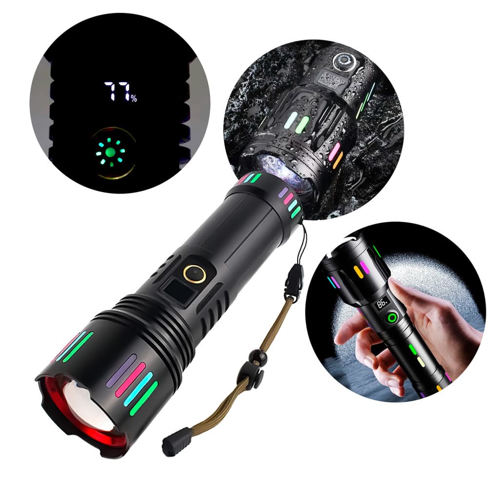 Lanterna Tática LED 20W 2000 Lúmens Recarregável USB Bateria 26650 Com Indicador
