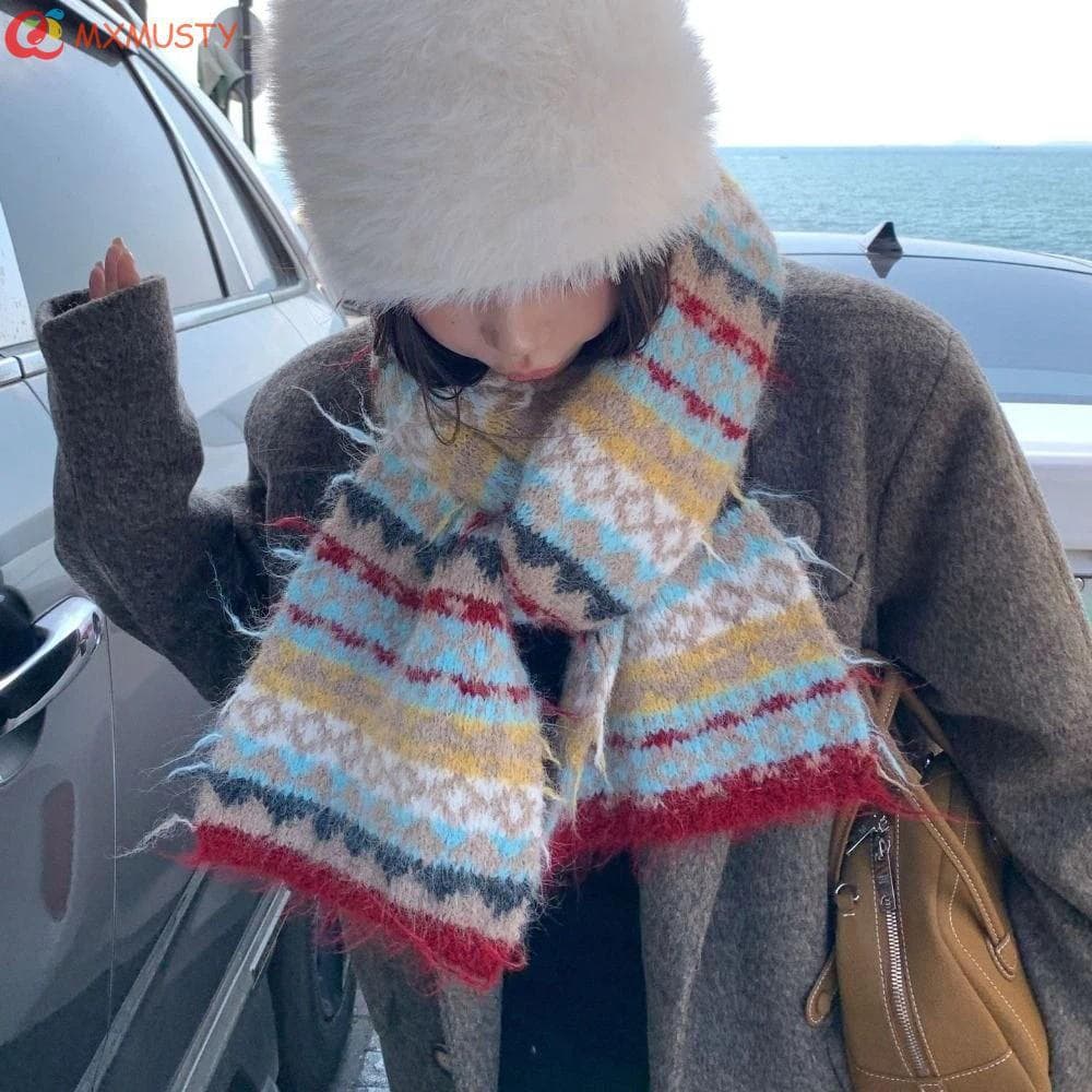 Cachecol de Tricô Jacquard MXMUSTYZA, Cachecol Quente Estilo Vintage, Cachecol de Lã Estampado para o Inverno RZXW